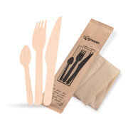 Bestecksets aus Holz biologisch abbaubar 4-teilig Gabel Messer Kaffeelffel Serviette hygienisch verpackt, 50 Sets