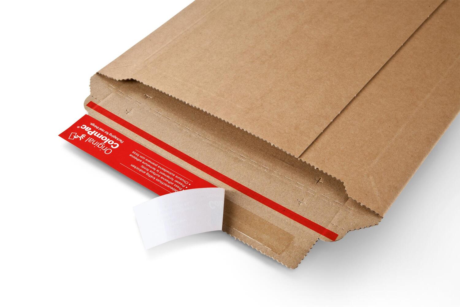 ColomPac Universalverpackung Wickelverpackung starke B-Welle 350 x 250 x -78mm mit Selbstklebeverschluss & Aufreifaden