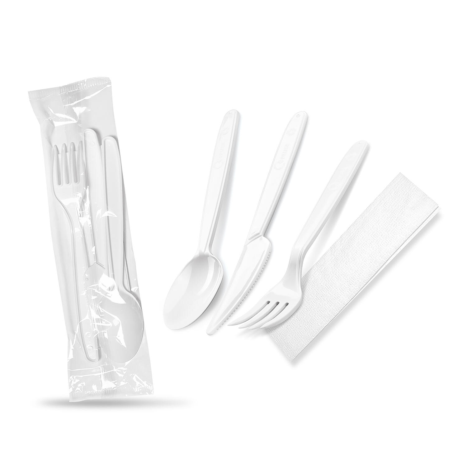 Bestecksets aus PP wiederverwendbar 4-teilig Gabel Messer L�ffel Serviette hygienisch verpackt, 250 Sets